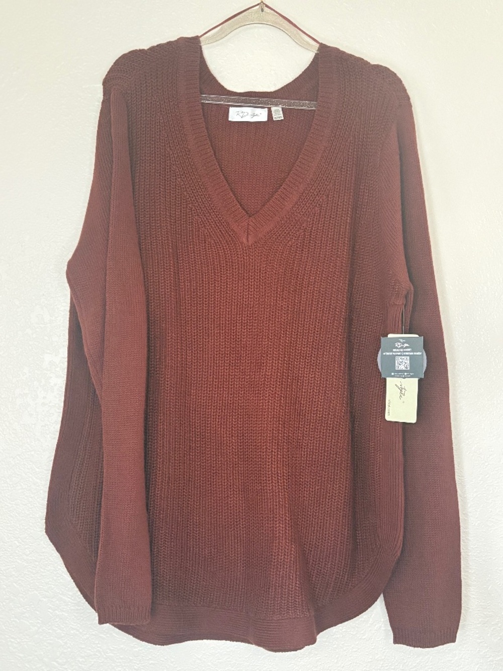 RD Style Women's XXL Oversized V-Neck Knit Sweater Rust Brown Cotton Blend